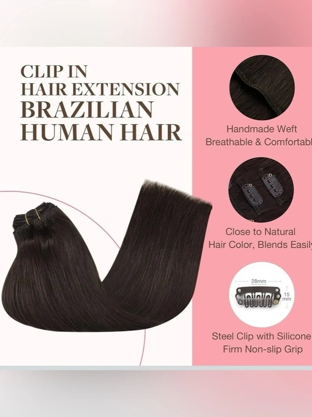 GOO GOO Clip in Hair Extensions Brazilian Human Hair 18” 120g 7Pcs, 2A Lt Brown